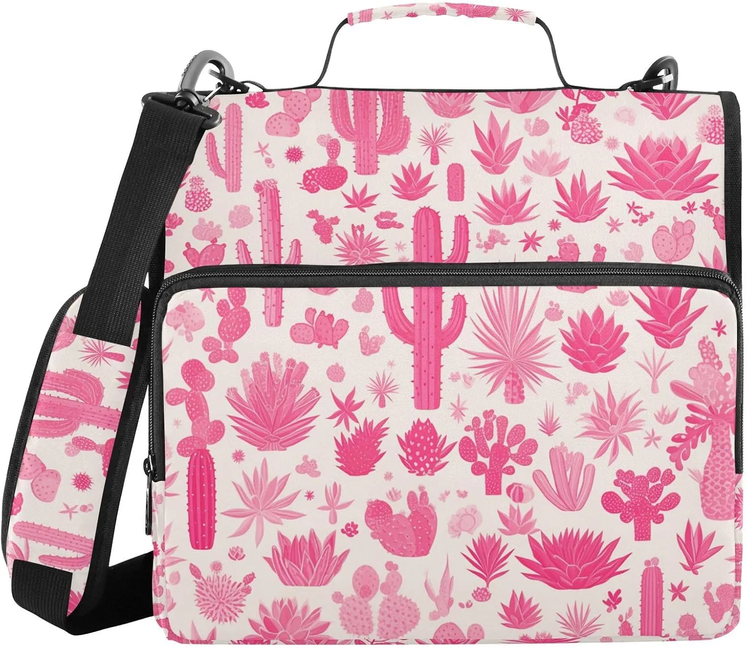 Hot Pink Cactus 1.5-Inch 3-Rings Binder Zipper with Shoulder Strap Waterproof Zippered Portfolio for Middle Student