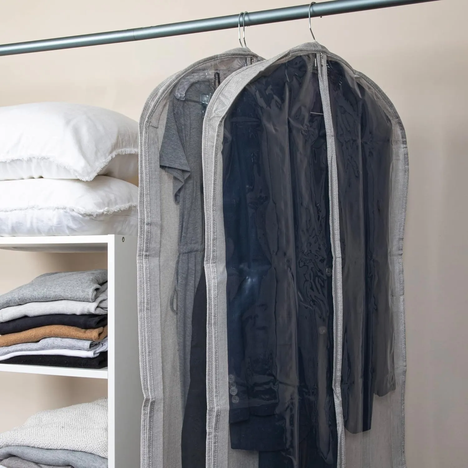 Household Essentials Hanging Zippered Garment Storage Bag with Clear Vision Front, Silver, Set of 2