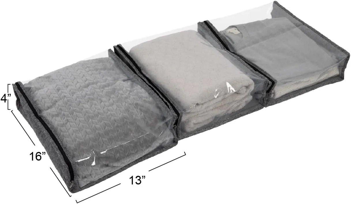 Household Essentials Under Bed Zippered Sweater Storage Bags with Clear Vision Panel, Set of 3, Graphite Gray