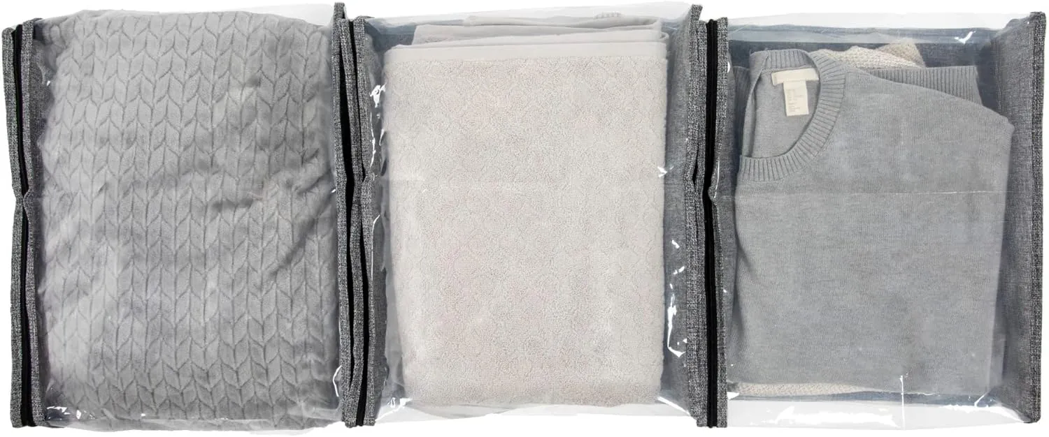 Household Essentials Under Bed Zippered Sweater Storage Bags with Clear Vision Panel, Set of 3, Graphite Gray