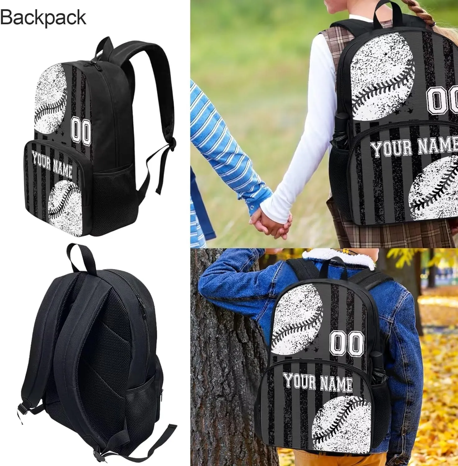 Howilath Customized Your Name Kids Backpack for Boys with Insulated Lunch Bag, Gray American Flag Baseball Print Bookbag for Girls Kids with Pencial Case, Back To School
