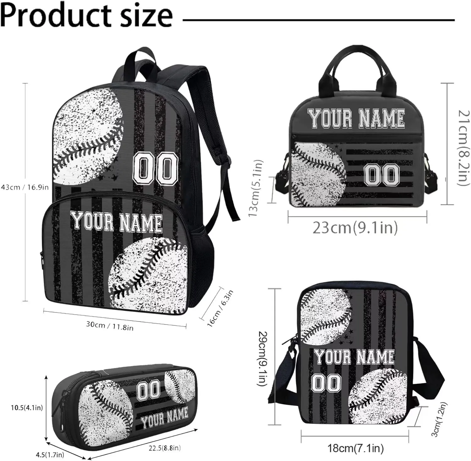 Howilath Customized Your Name Kids Backpack for Boys with Insulated Lunch Bag, Gray American Flag Baseball Print Bookbag for Girls Kids with Pencial Case, Back To School