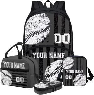 Howilath Customized Your Name Kids Backpack for Boys with Insulated Lunch Bag, Gray American Flag Baseball Print Bookbag for Girls Kids with Pencial Case, Back To School