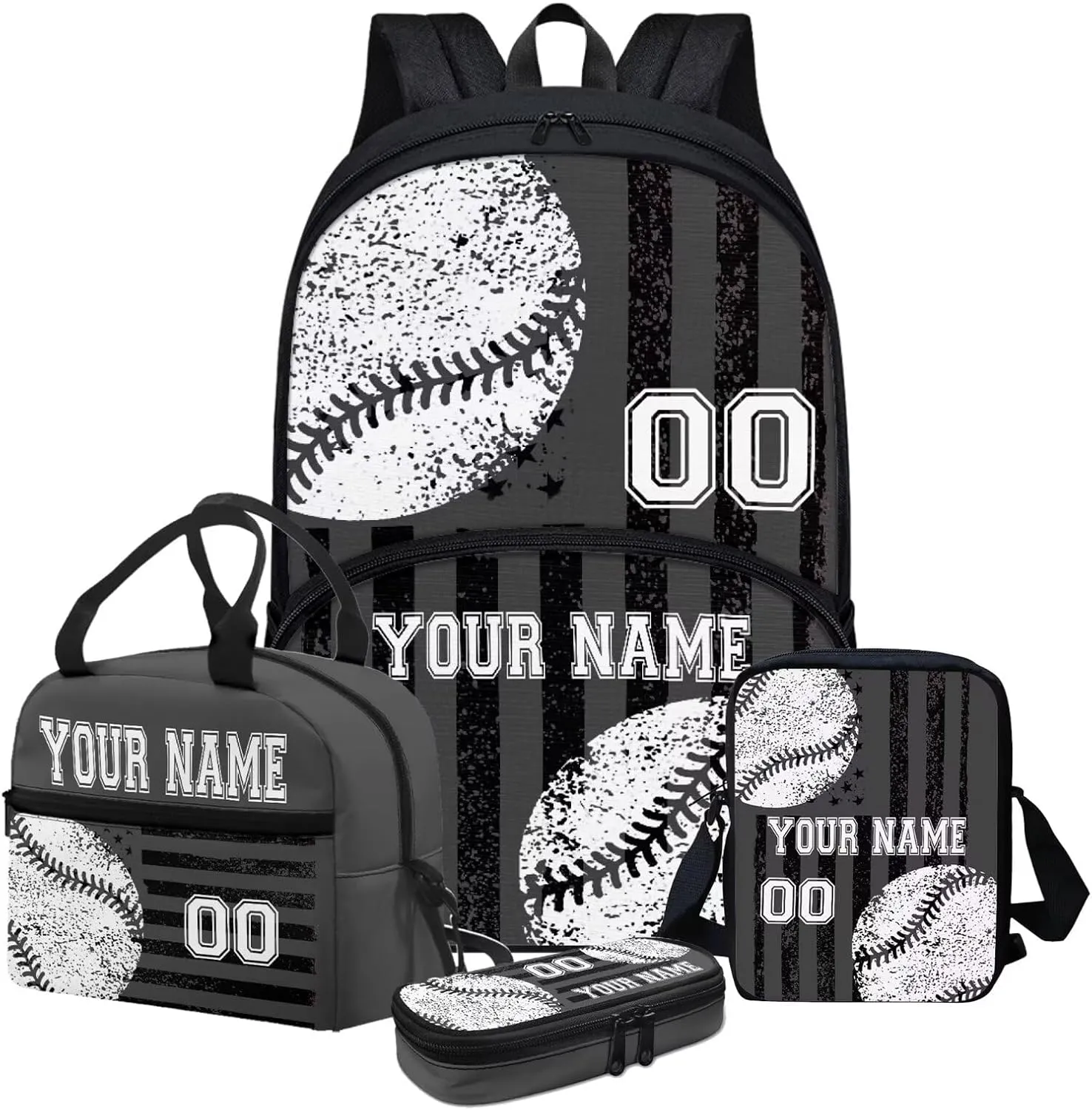 Howilath Customized Your Name Kids Backpack for Boys with Insulated Lunch Bag, Gray American Flag Baseball Print Bookbag for Girls Kids with Pencial Case, Back To School