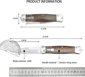 HUAAO Button Lock Folding Knife With Safety Lock,Assisted Opening Tactical Pocket Knife,Stainless Steel Blade And Wenge Wood Handle,Portable Knives for Outdoor Camping,Hunting,Hiking