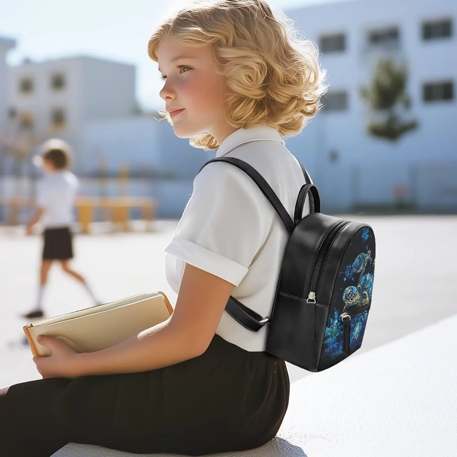 HUGS IDEA Blue Sea Turtle Mini Backpack for Women Fashionable Leather Backpack with Hidden Compartment Water-Resistant Casual Carrier for Women Travel Lightweight Shoulder Knapsack