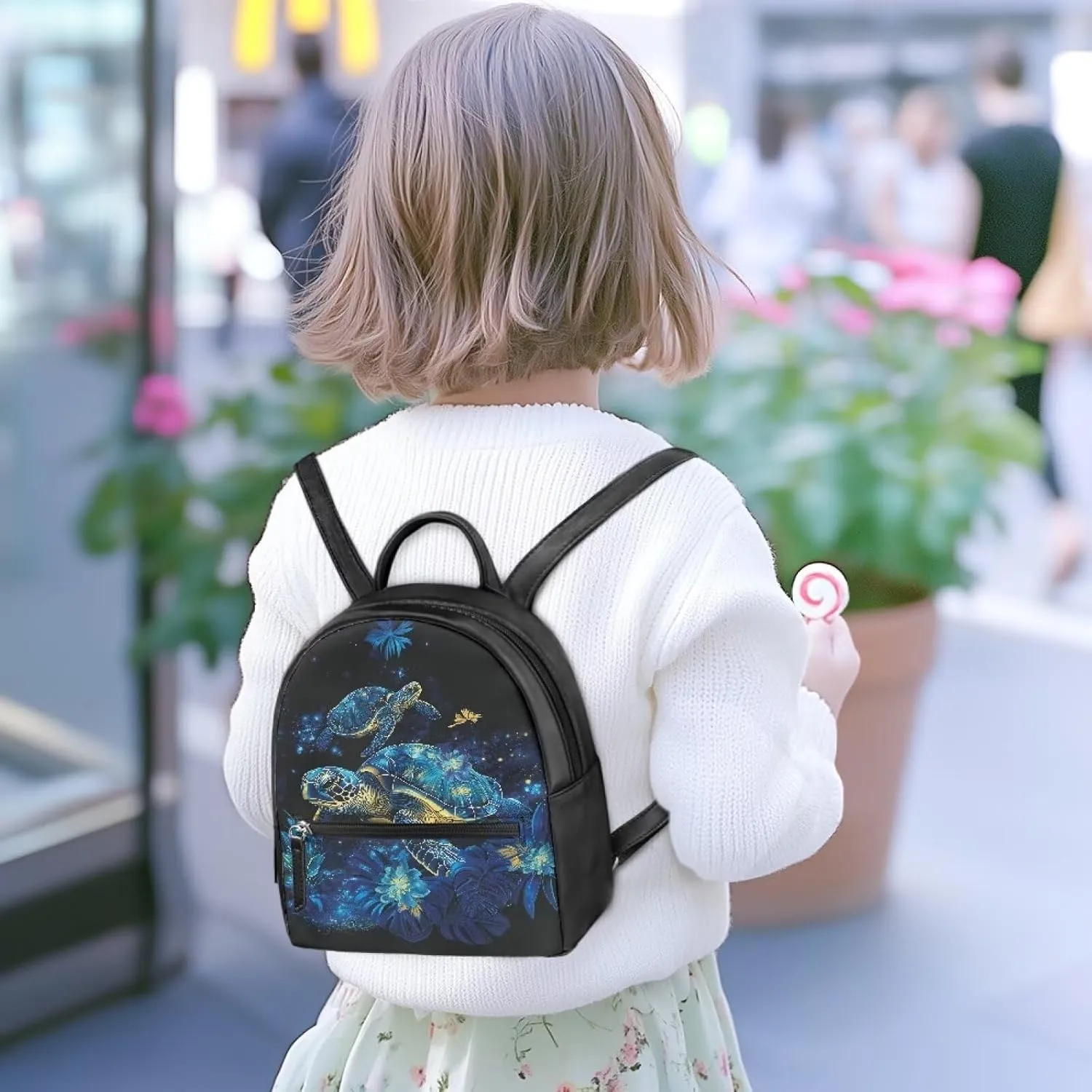 HUGS IDEA Blue Sea Turtle Mini Backpack for Women Fashionable Leather Backpack with Hidden Compartment Water-Resistant Casual Carrier for Women Travel Lightweight Shoulder Knapsack