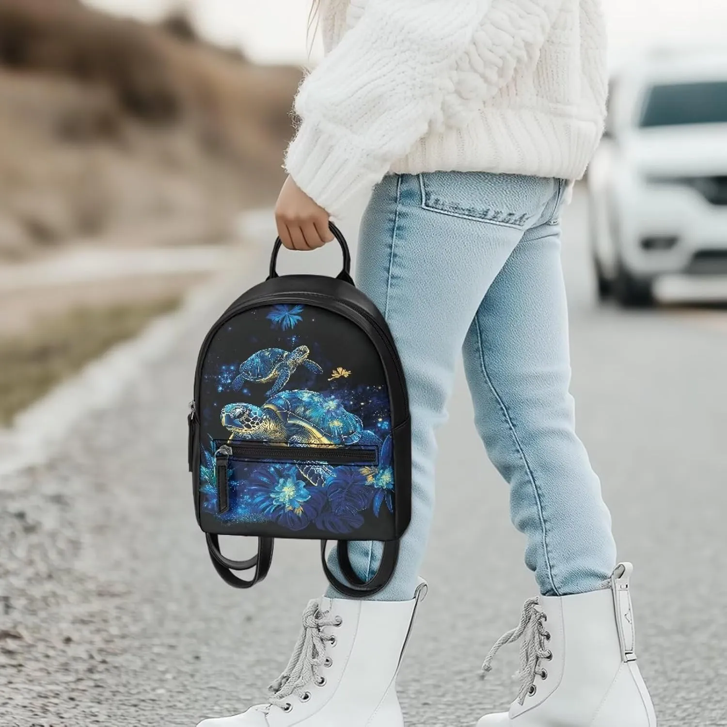 HUGS IDEA Blue Sea Turtle Mini Backpack for Women Fashionable Leather Backpack with Hidden Compartment Water-Resistant Casual Carrier for Women Travel Lightweight Shoulder Knapsack