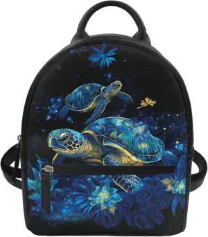 HUGS IDEA Blue Sea Turtle Mini Backpack for Women Fashionable Leather Backpack with Hidden Compartment Water-Resistant Casual Carrier for Women Travel Lightweight Shoulder Knapsack