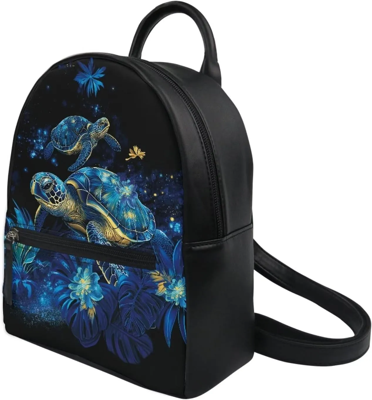 HUGS IDEA Blue Sea Turtle Mini Backpack for Women Fashionable Leather Backpack with Hidden Compartment Water-Resistant Casual Carrier for Women Travel Lightweight Shoulder Knapsack