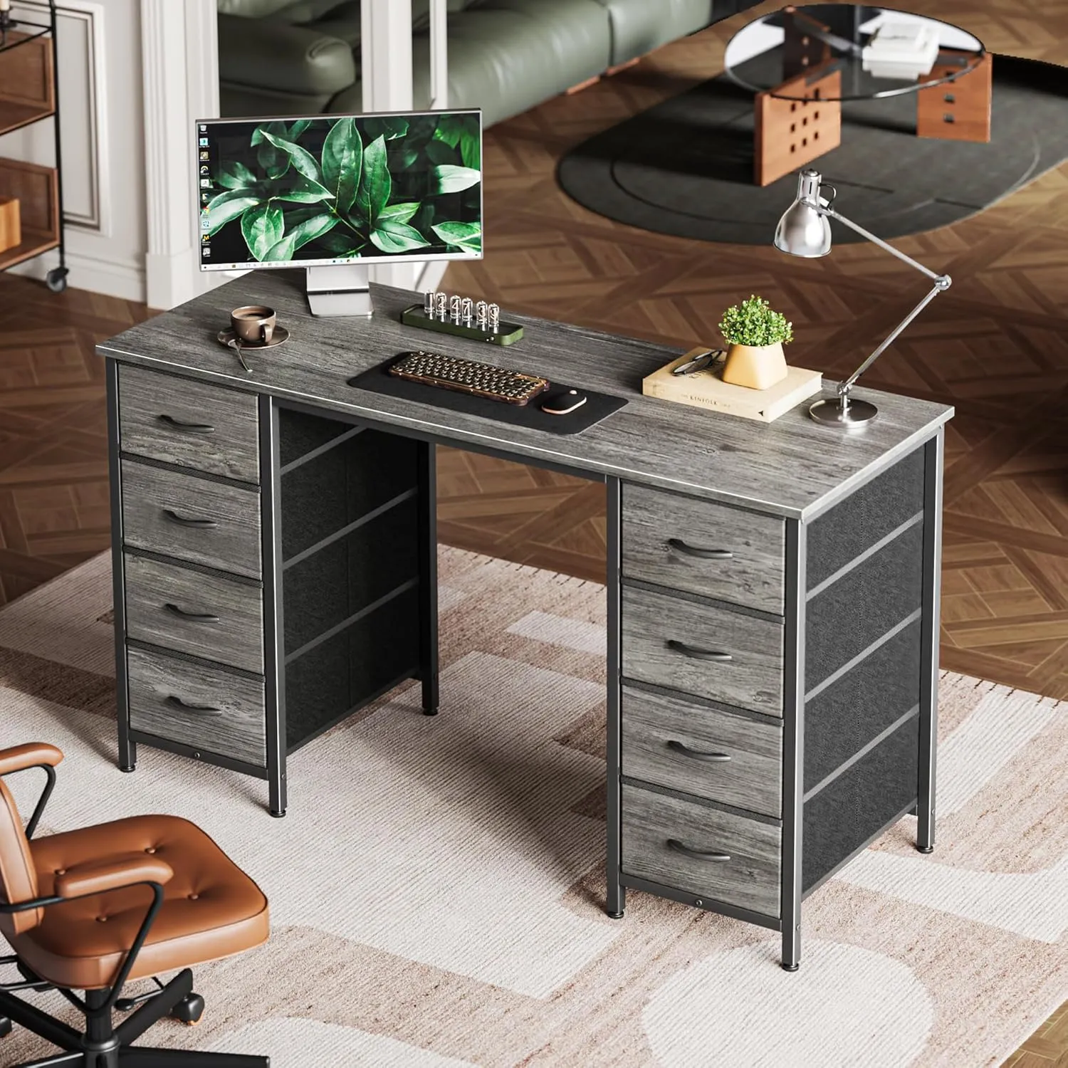 Huuger 47 Inch Computer Desk with 8 Fabric Drawers, Office Desk Work Desk for Home Office, Study, Gaming Desk with Drawers, Large Storage, Grey