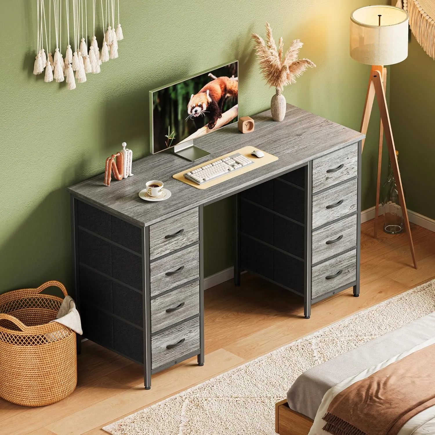 Huuger 47 Inch Computer Desk with 8 Fabric Drawers, Office Desk Work Desk for Home Office, Study, Gaming Desk with Drawers, Large Storage, Grey