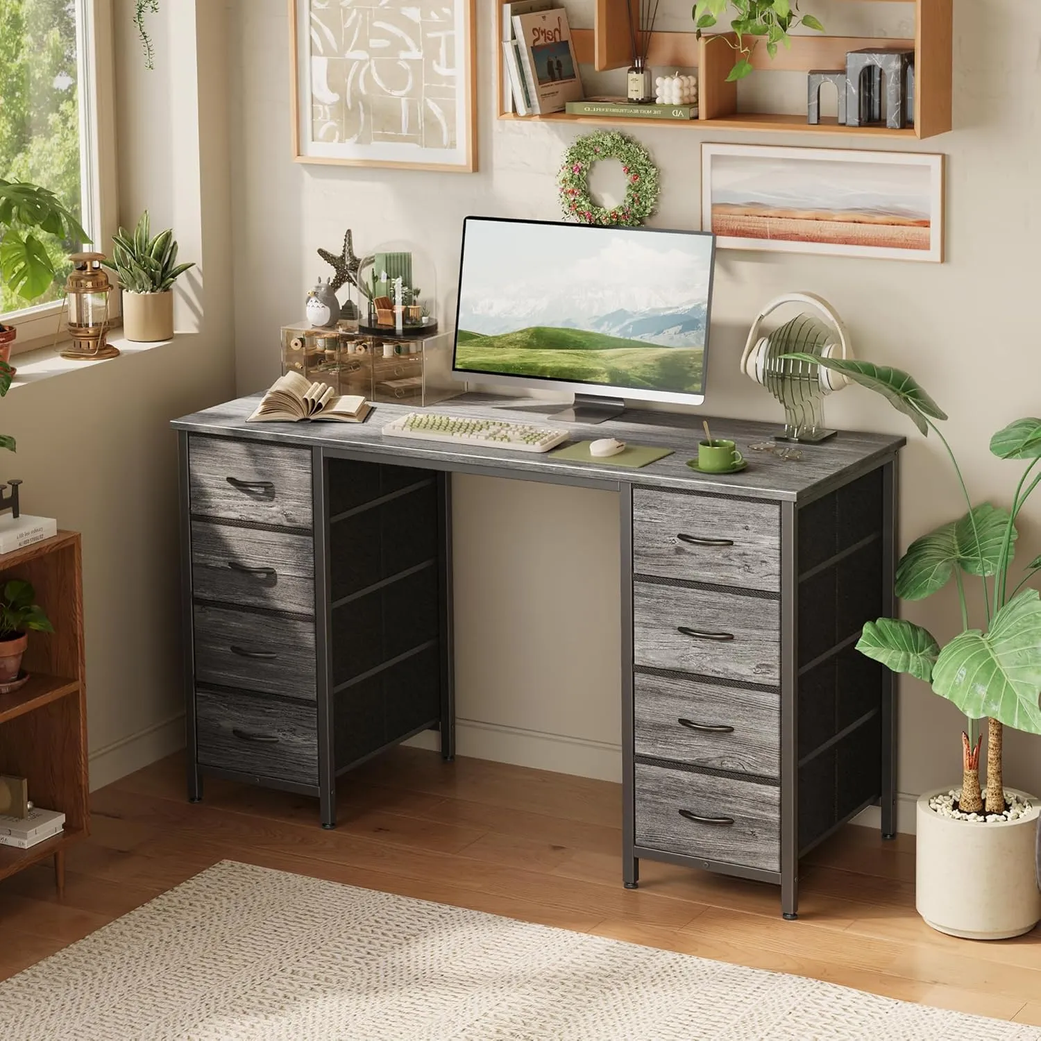 Huuger 47 Inch Computer Desk with 8 Fabric Drawers, Office Desk Work Desk for Home Office, Study, Gaming Desk with Drawers, Large Storage, Grey