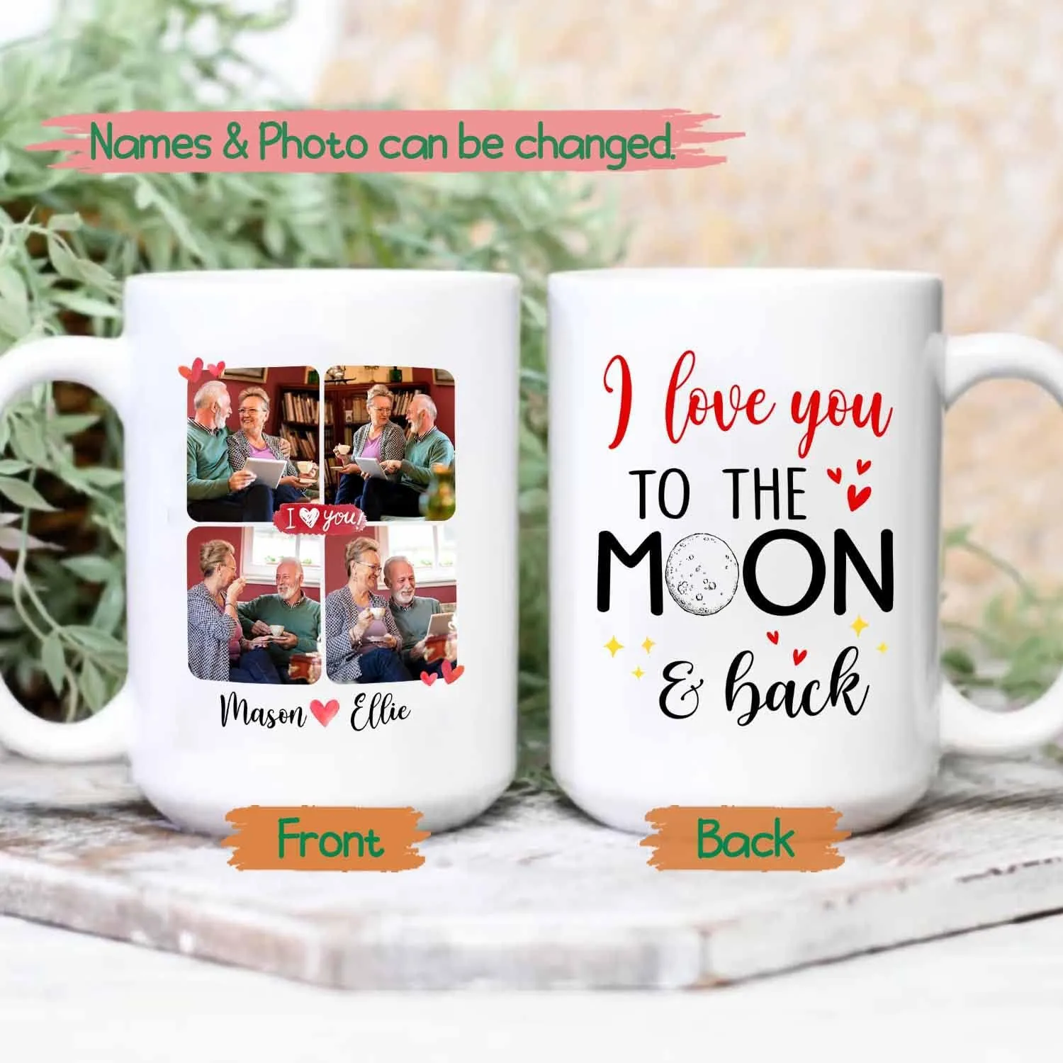 I Love You To The Moon And Back White Coffee Mug, Personalized Wife Coffee Cup 11 Oz 15 Oz, Customized Wife Travel Mug Choose Names / Photo, Awesome Wife Ceramic Teacup Gifts for Romantic Marriage