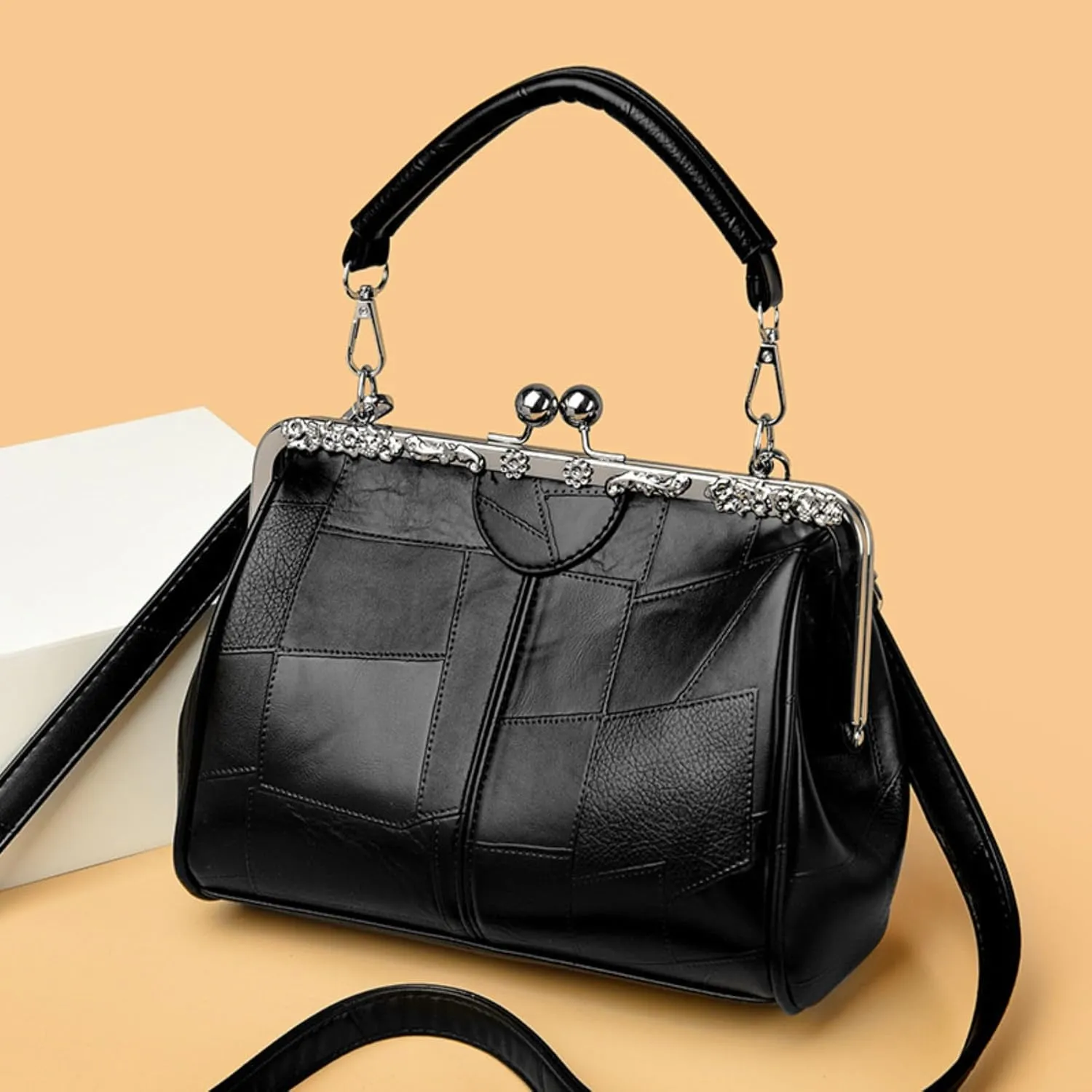 IAMUHI Women Fashion Glossy Soft PU Leather Evening Handbag Purse Vintage Kiss Lock Shell Shape Crossbody Clutch Bags