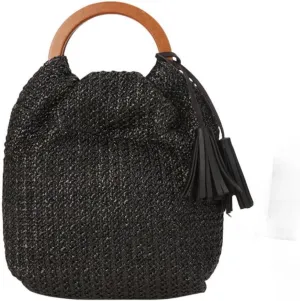 IAMUHI Women Handwoven Straw Tote Handbag Crochet Tassel Beach Bohemian Evening Clutch Purse with Wooden Handle