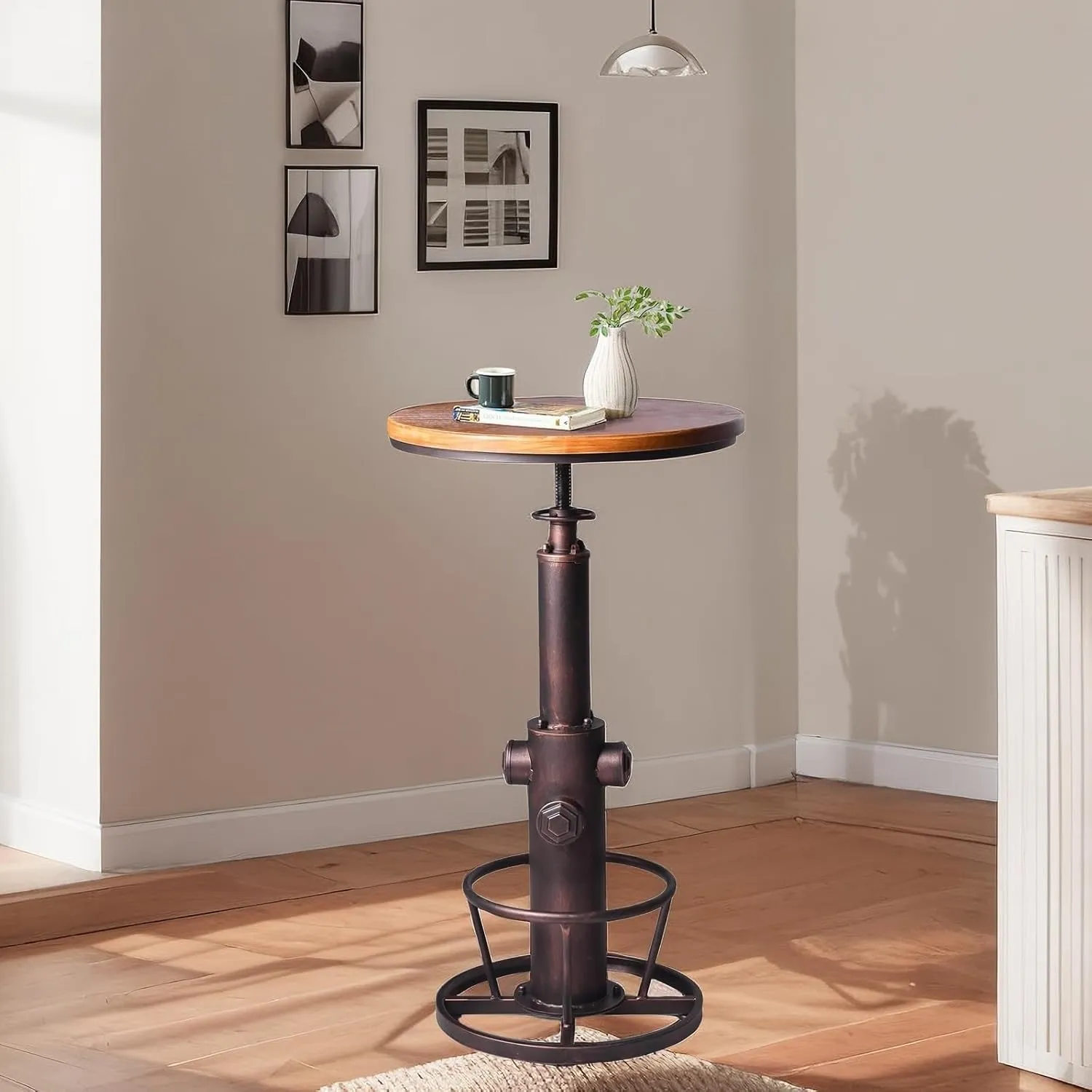 Industrial Bar Table Swivel Round Wooden Top Height Adjustable 38.6-44.4inch Vintage Kitchen Dining Chair Coffee Table Hydrant Design Bistro Table