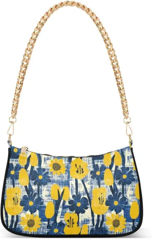 Iris Mustard Yellow and Denim Blue trendy chain leather crossbody purse handbag for for running