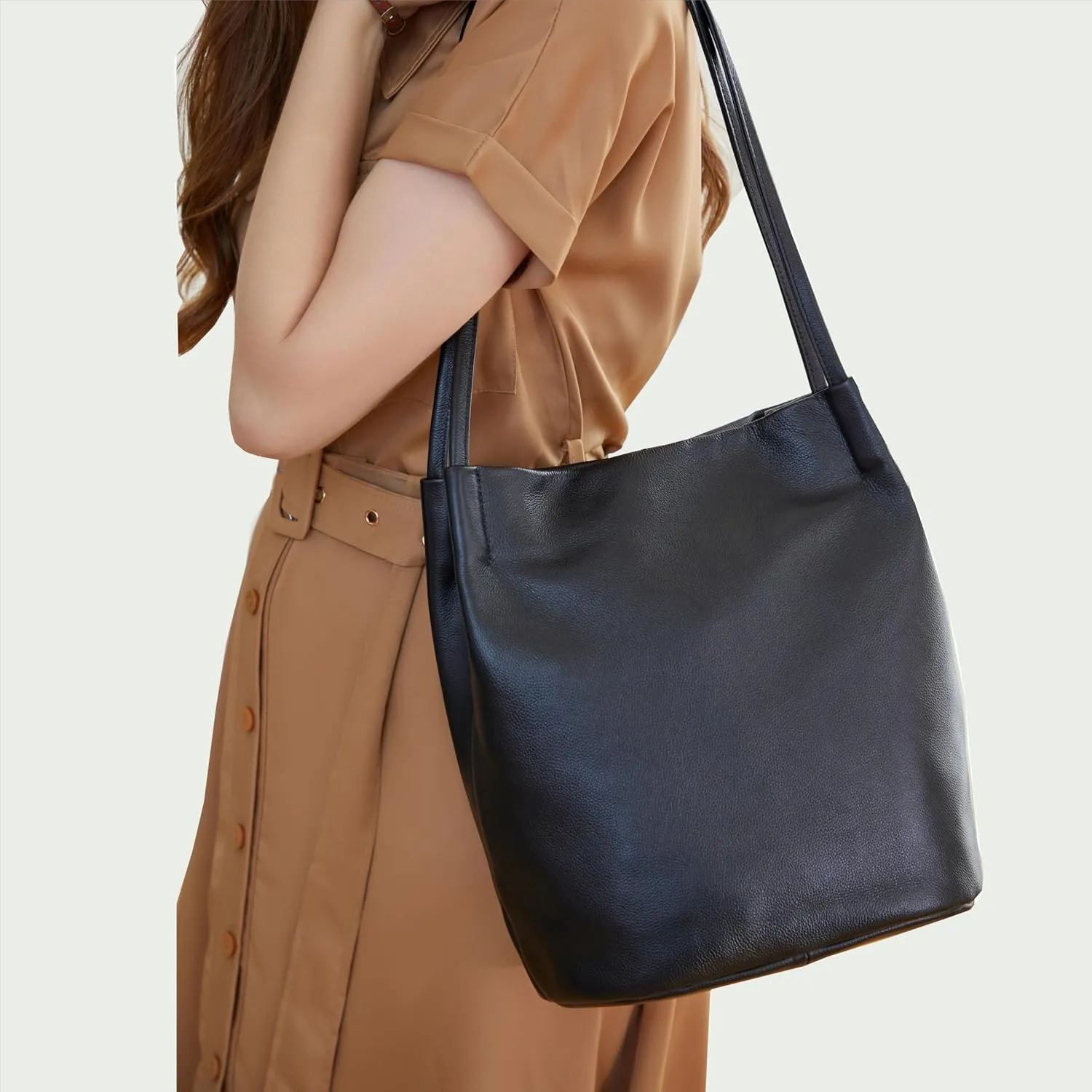 Iswee Genuine Leather Tote Bucket Bags Hobo Shoulder Bags Purse and Handbags for Women Trendy