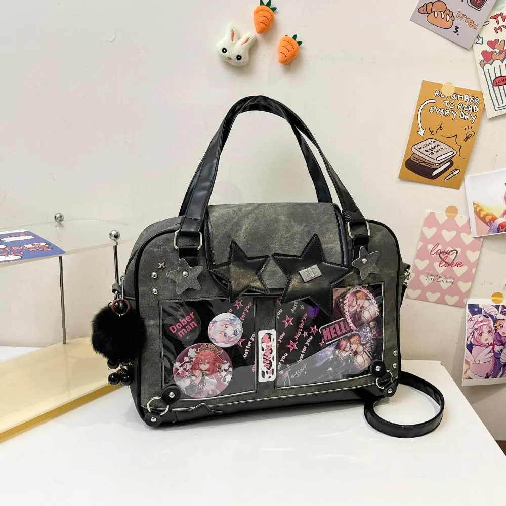 Ita Bag Pin Display Backpack for Women Denim Single Shoulder Bag Crossbody Bag with Insert Big Commute Bag Jk Bag (Black)