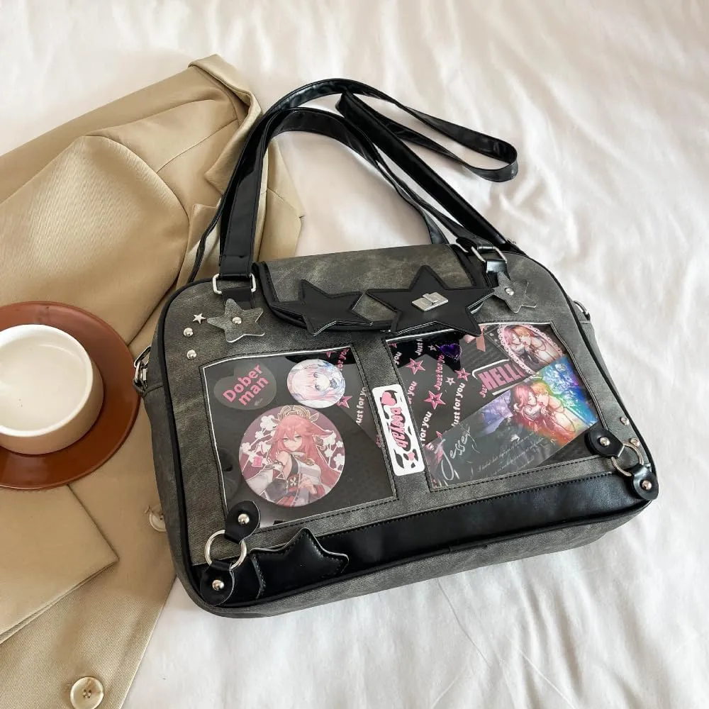 Ita Bag Pin Display Backpack for Women Denim Single Shoulder Bag Crossbody Bag with Insert Big Commute Bag Jk Bag (Black)