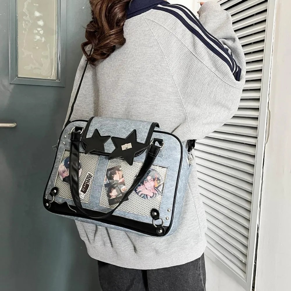 Ita Bag Pin Display Backpack for Women Denim Single Shoulder Bag Crossbody Bag with Insert Big Commute Bag Jk Bag (Blue)