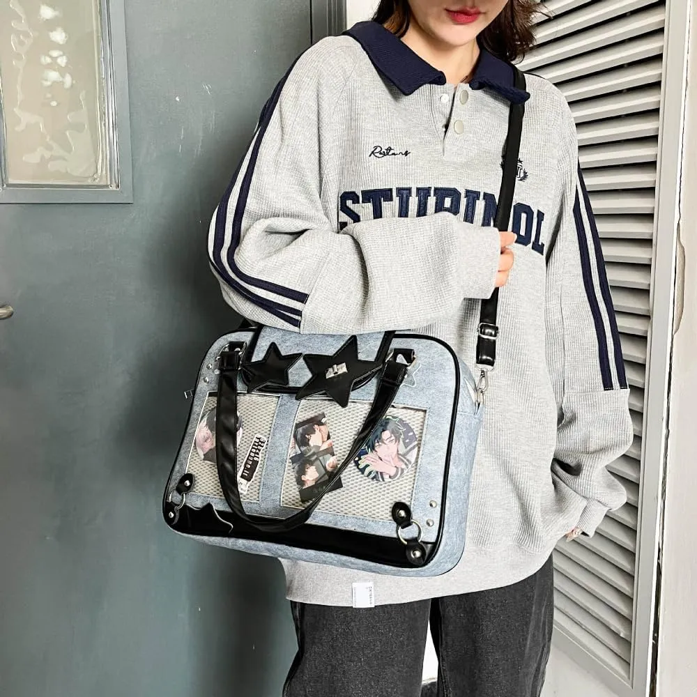Ita Bag Pin Display Backpack for Women Denim Single Shoulder Bag Crossbody Bag with Insert Big Commute Bag Jk Bag (Blue)