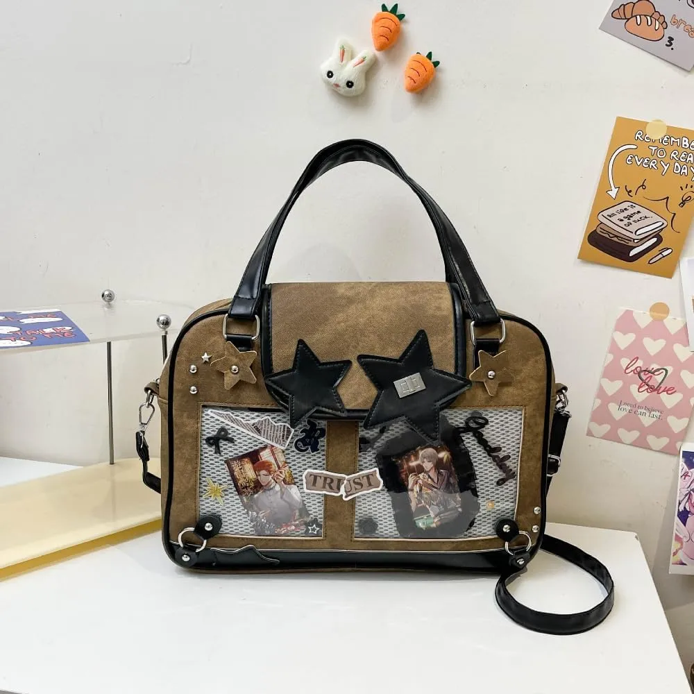Ita Bag Pin Display Backpack for Women Denim Single Shoulder Bag Crossbody Bag with Insert Big Commute Bag Jk Bag (Brown)