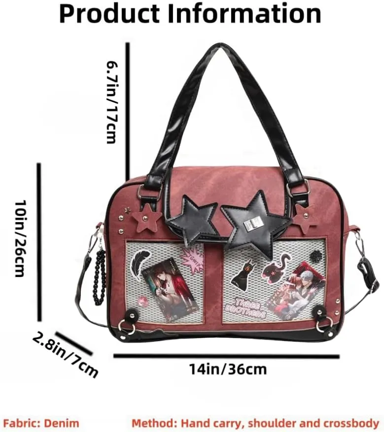 Ita Bag Pin Display Backpack for Women Denim Single Shoulder Bag Crossbody Bag with Insert Big Commute Bag Jk Bag (Red)