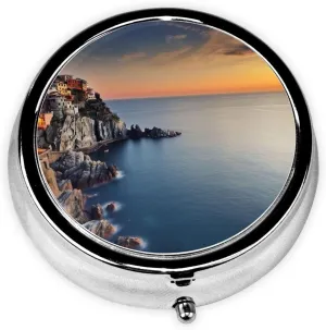 Italy Sea at Sunset Pill Box Round Pill Case for Pocket Purse 3 Compartment Medicine Pill Organizer Cute Portable Travel Pillbox Vitamin Cod Liver Oil Storage Box Unique Gift Organizer