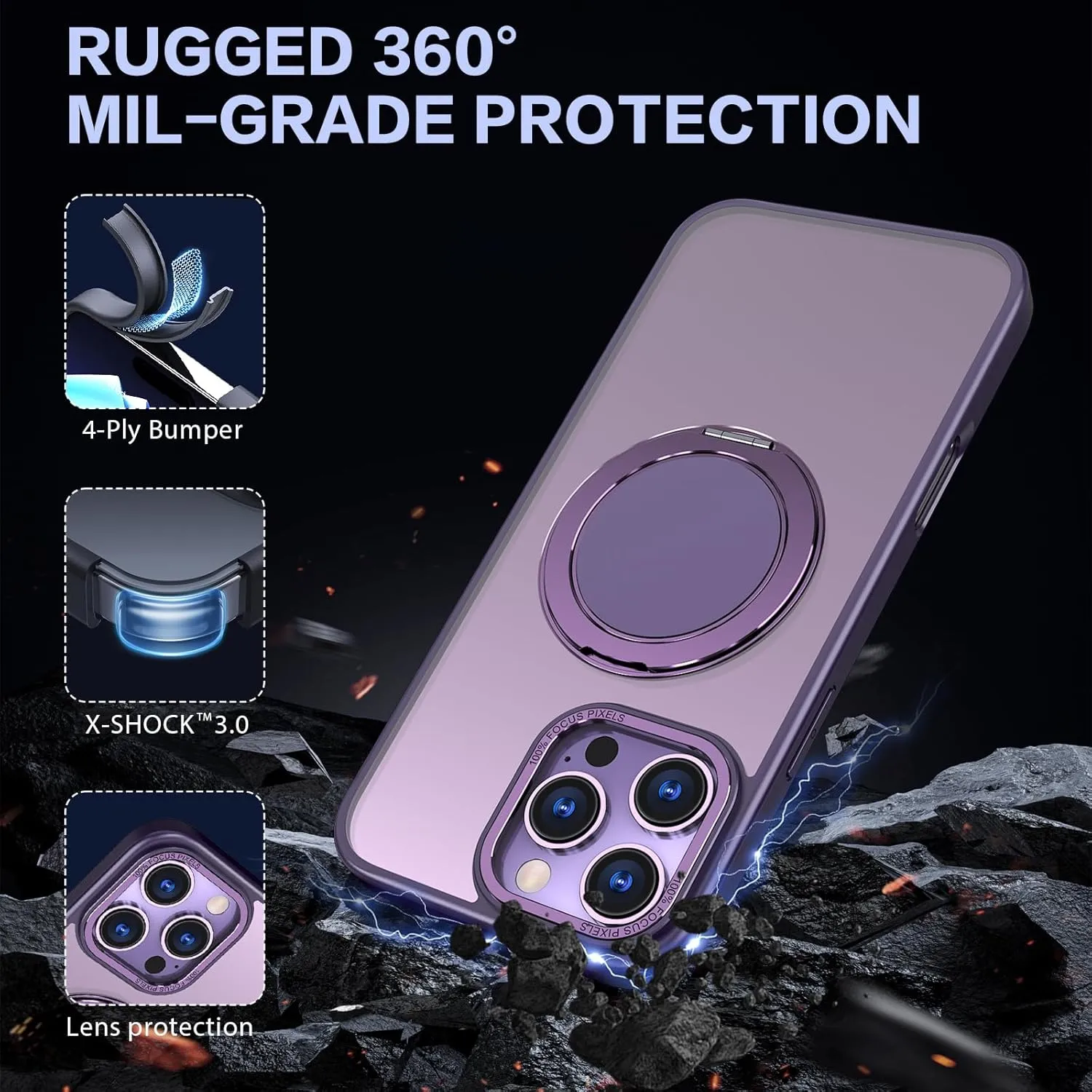 IYH 360° Rotatable Stand for iPhone 16 Pro Max Case [Compatible with Magsafe], Magnetic Ring Military Grade Shockproof Translucent Back,Matte(Purple)