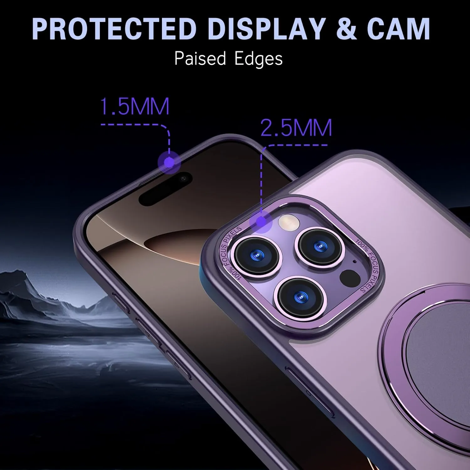 IYH 360° Rotatable Stand for iPhone 16 Pro Max Case [Compatible with Magsafe], Magnetic Ring Military Grade Shockproof Translucent Back,Matte(Purple)