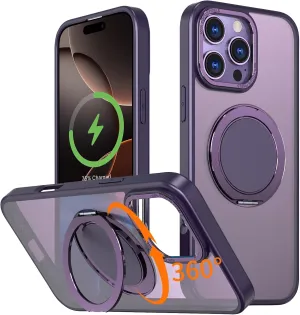 IYH 360° Rotatable Stand for iPhone 16 Pro Max Case [Compatible with Magsafe], Magnetic Ring Military Grade Shockproof Translucent Back,Matte(Purple)