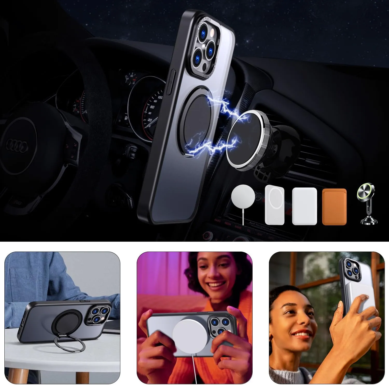 IYH 360° Rotatable Stand for iPhone 16 Pro Max Case [Compatible with Magsafe], Magnetic Ring Military Grade Shockproof Translucent Back,Matte(Purple)