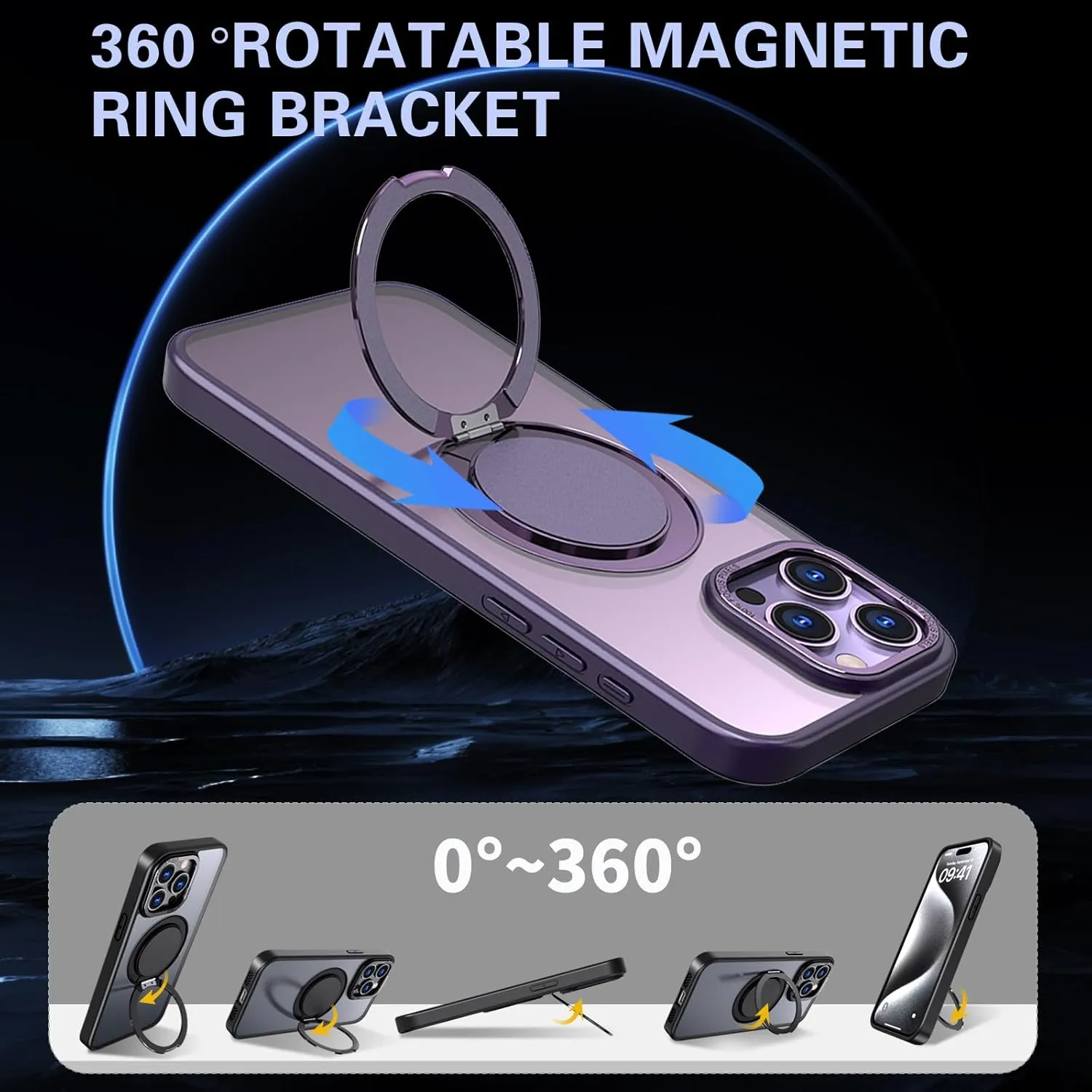 IYH 360° Rotatable Stand for iPhone 16 Pro Max Case [Compatible with Magsafe], Magnetic Ring Military Grade Shockproof Translucent Back,Matte(Purple)