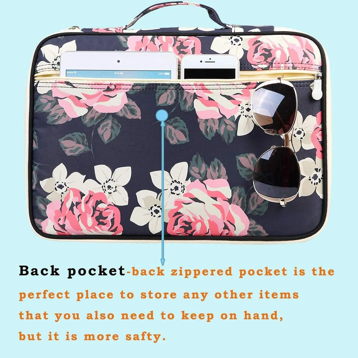 JAKAGO A4 Travel Portfolio Multifunctional Document Organizer Zippered Case for Office Supplies (flowers2)