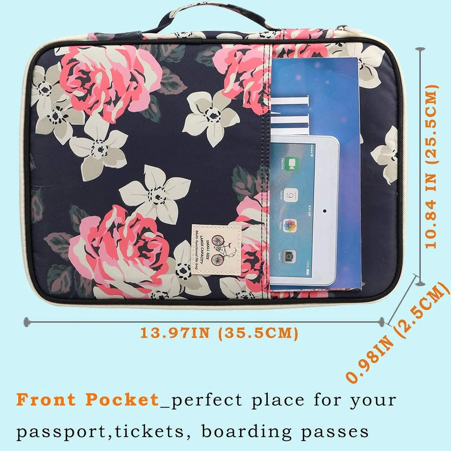 JAKAGO A4 Travel Portfolio Multifunctional Document Organizer Zippered Case for Office Supplies (flowers2)