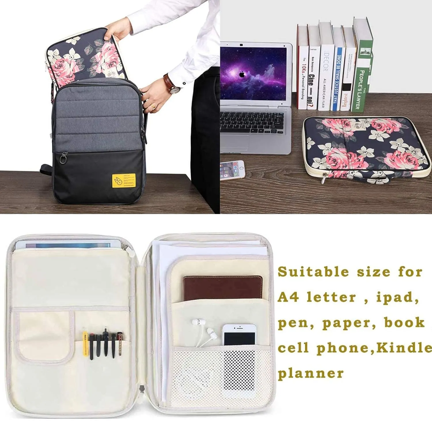 JAKAGO A4 Travel Portfolio Multifunctional Document Organizer Zippered Case for Office Supplies (flowers2)