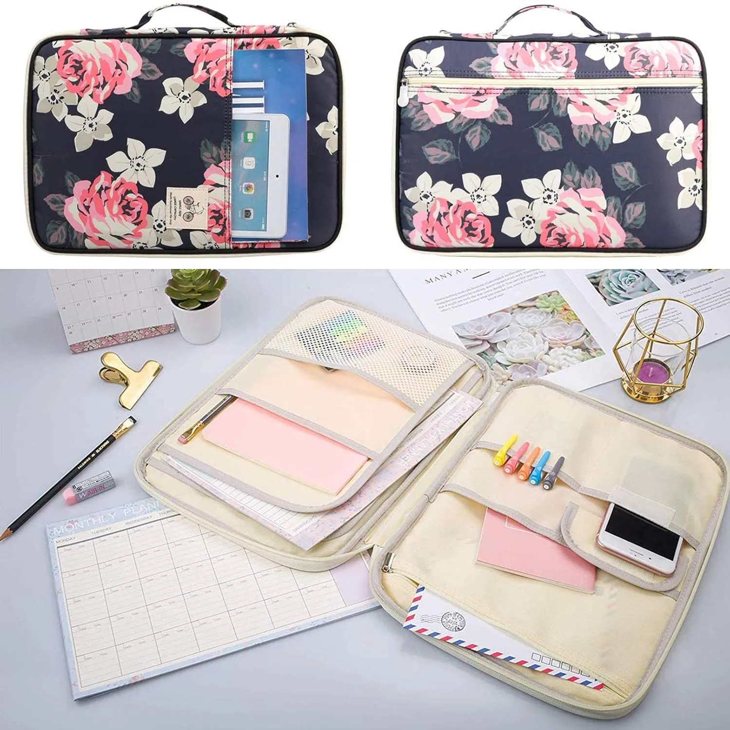 JAKAGO A4 Travel Portfolio Multifunctional Document Organizer Zippered Case for Office Supplies (flowers2)