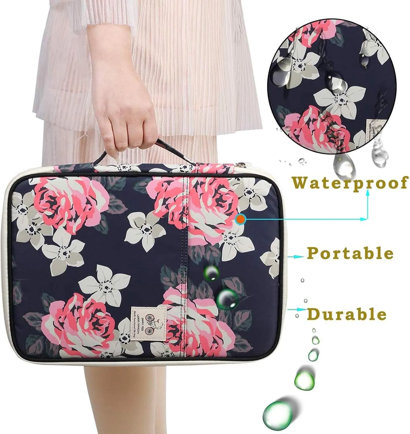 JAKAGO A4 Travel Portfolio Multifunctional Document Organizer Zippered Case for Office Supplies (flowers2)