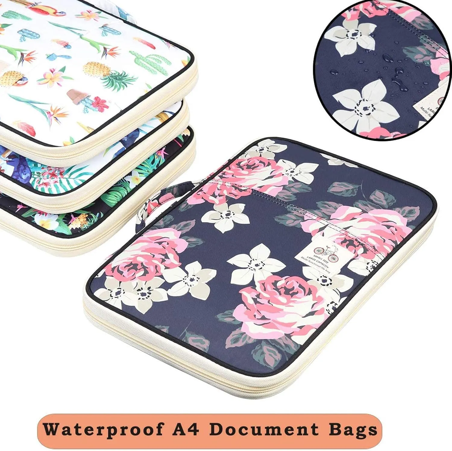 JAKAGO A4 Travel Portfolio Multifunctional Document Organizer Zippered Case for Office Supplies (flowers2)
