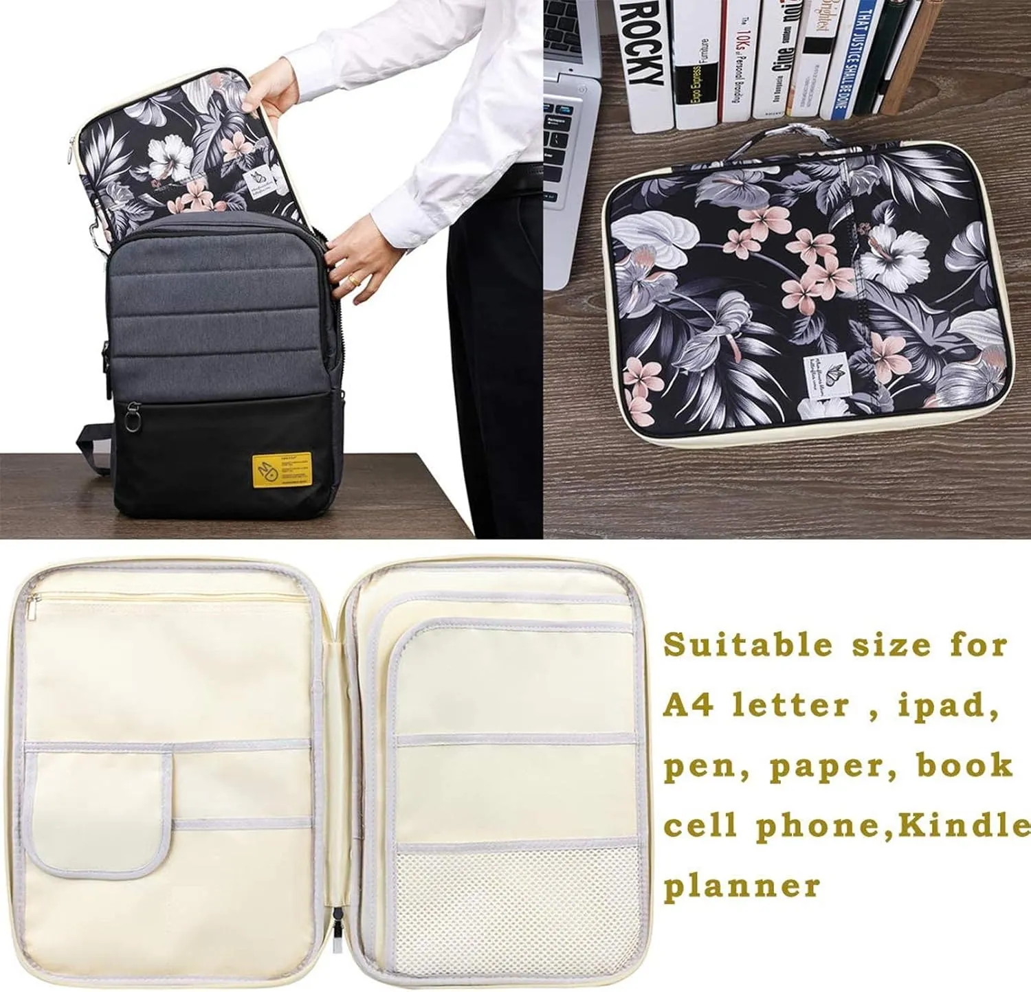 JAKAGO A4 Travel Portfolio Multifunctional Document Organizer Zippered Case for Office Supplies (Mulberry White)