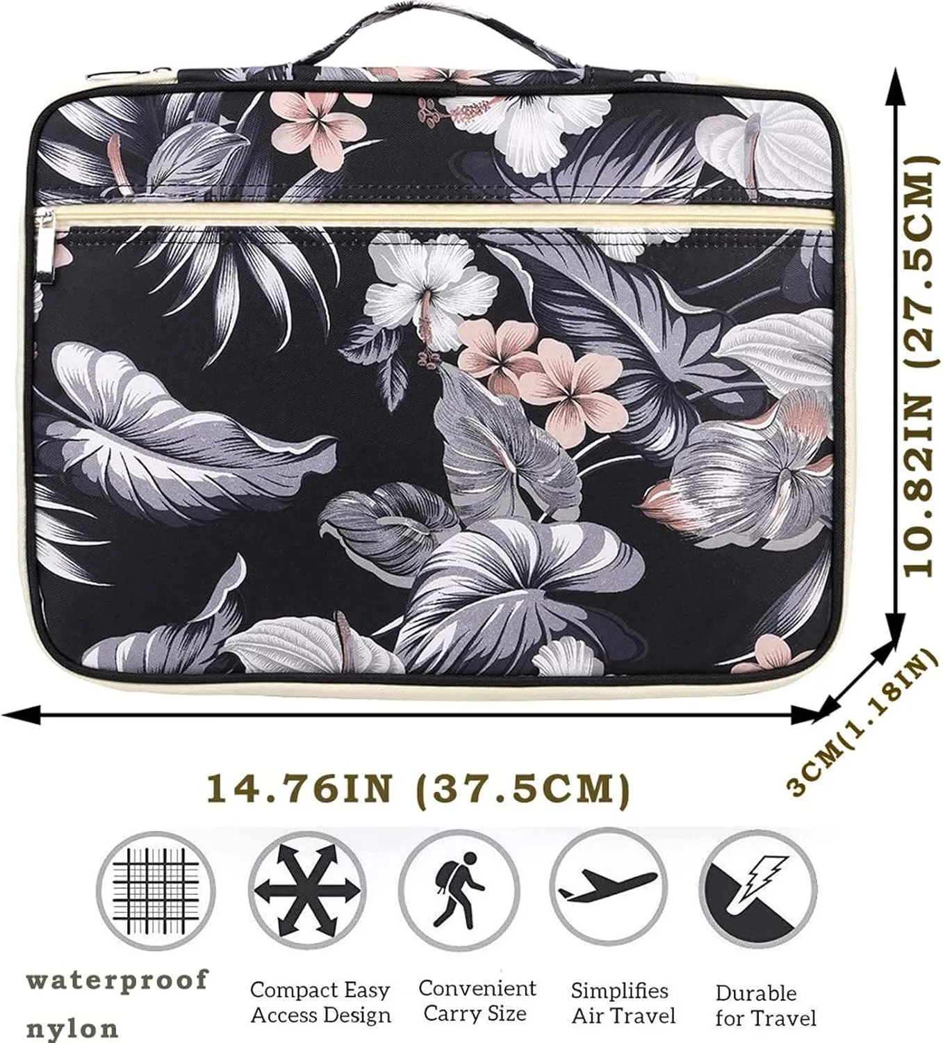 JAKAGO A4 Travel Portfolio Multifunctional Document Organizer Zippered Case for Office Supplies (Mulberry White)