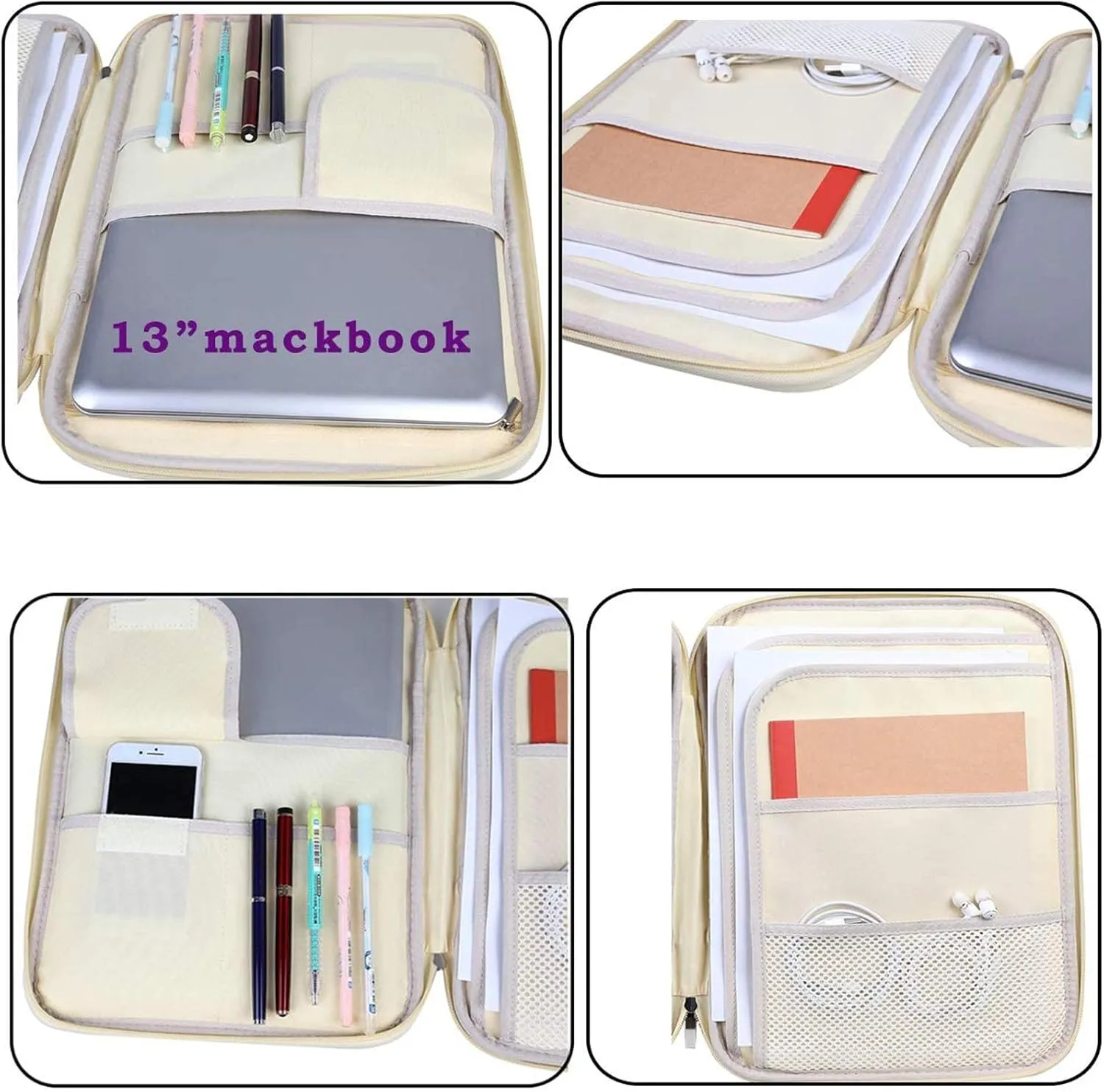 JAKAGO A4 Travel Portfolio Multifunctional Document Organizer Zippered Case for Office Supplies (Mulberry White)