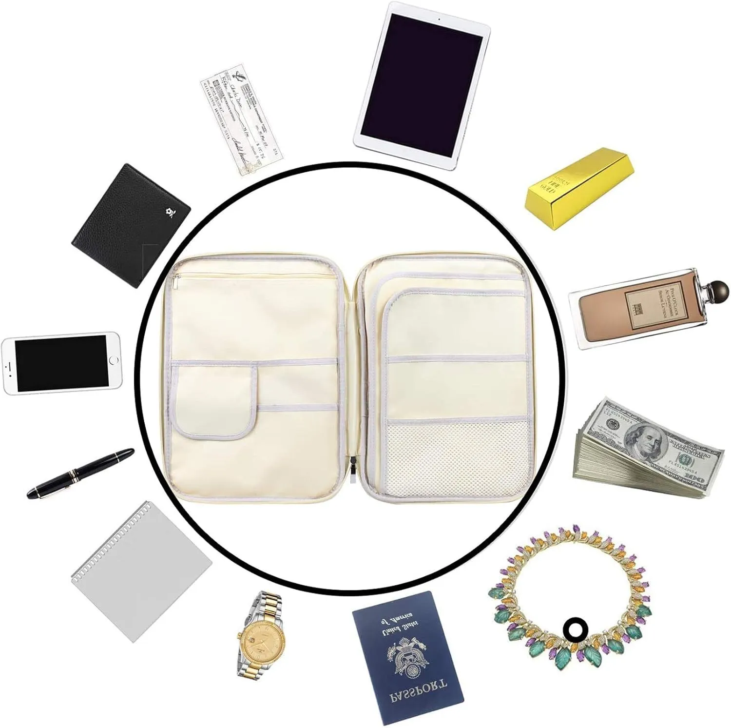JAKAGO A4 Travel Portfolio Multifunctional Document Organizer Zippered Case for Office Supplies (Mulberry White)