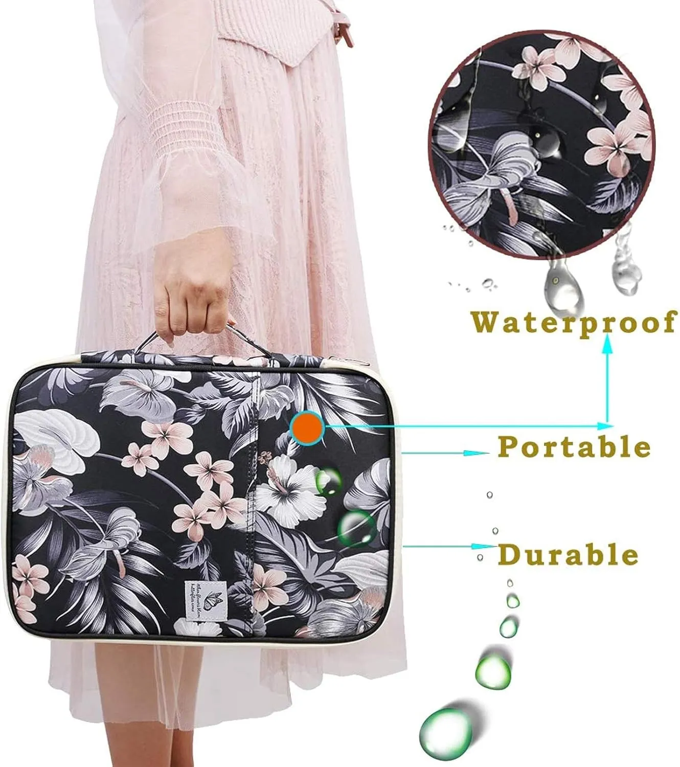 JAKAGO A4 Travel Portfolio Multifunctional Document Organizer Zippered Case for Office Supplies (Mulberry White)