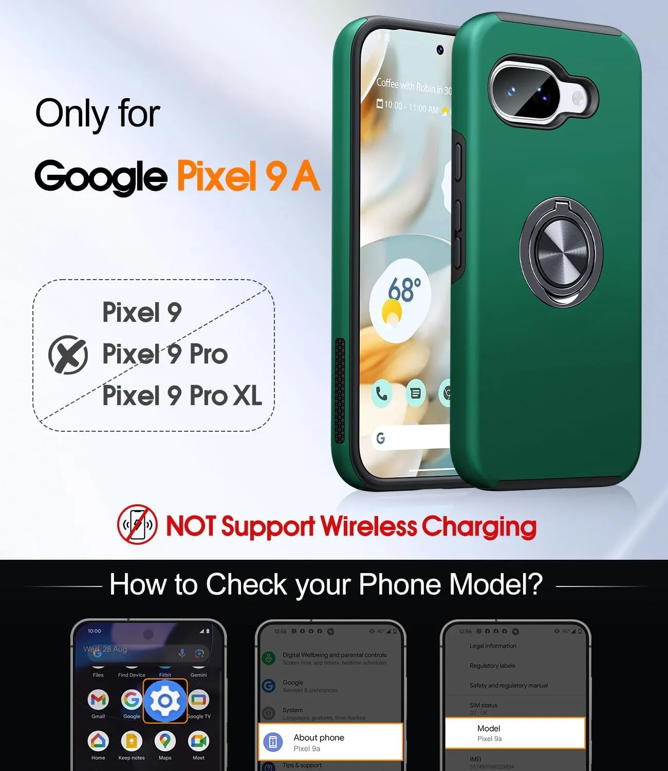 JAME for Google Pixel 9a Case, Dual Layer Military Grade Protection, Shockproof Cover with Metal Ring Holder Stand Kickstand, Slim Fit Protective Phone Case for Google Pixel 9A, Green