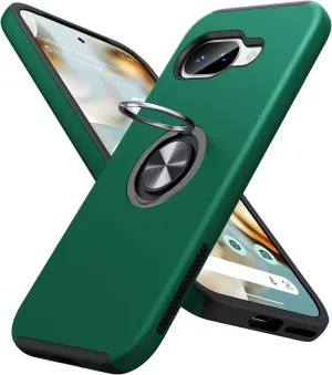 JAME for Google Pixel 9a Case, Dual Layer Military Grade Protection, Shockproof Cover with Metal Ring Holder Stand Kickstand, Slim Fit Protective Phone Case for Google Pixel 9A, Green