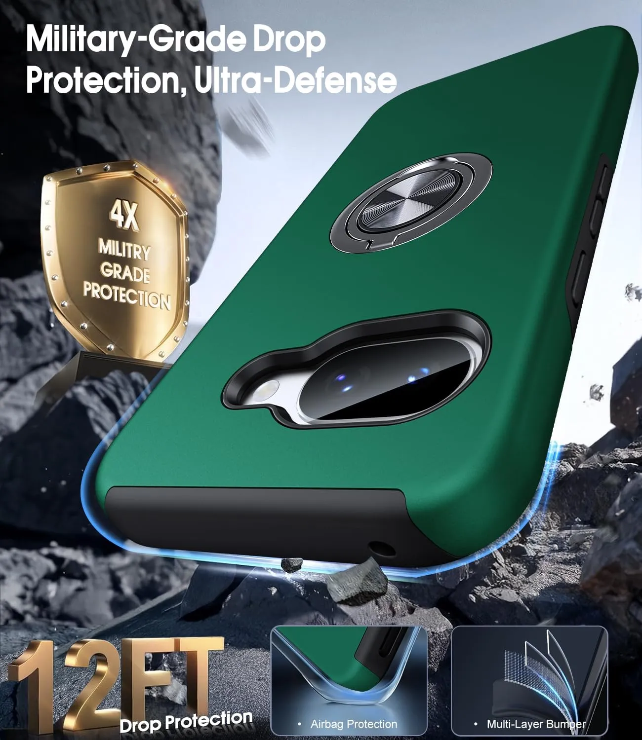 JAME for Google Pixel 9a Case, Dual Layer Military Grade Protection, Shockproof Cover with Metal Ring Holder Stand Kickstand, Slim Fit Protective Phone Case for Google Pixel 9A, Green