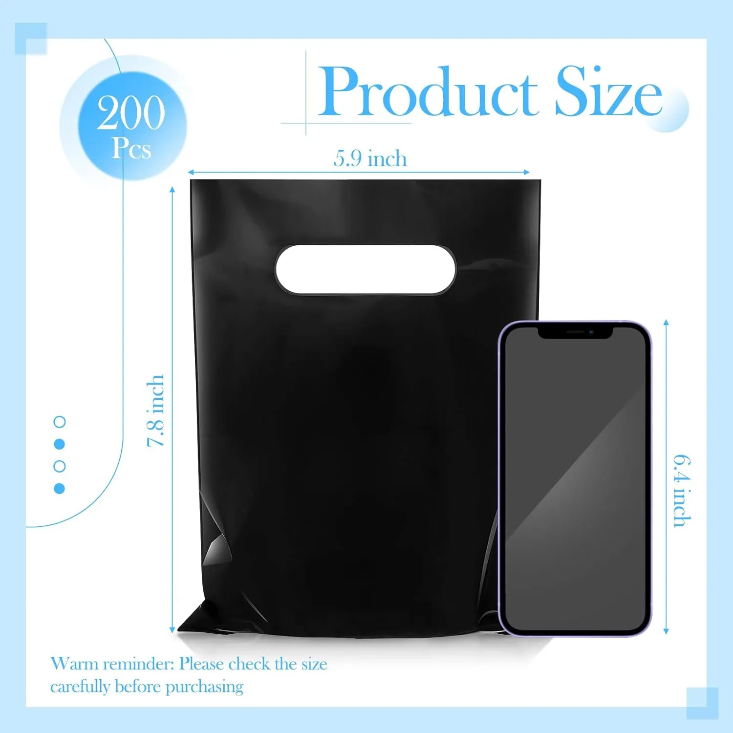 Janlaugh 200 Pcs 2.5 Mils Black Small Plastic Bag for Business with Die Cut Handle 6 x 8 in Reusable Thick Merchandise Shopping Bag for Retail Glossy Boutique Treat Goodie Gift Wrapping Party